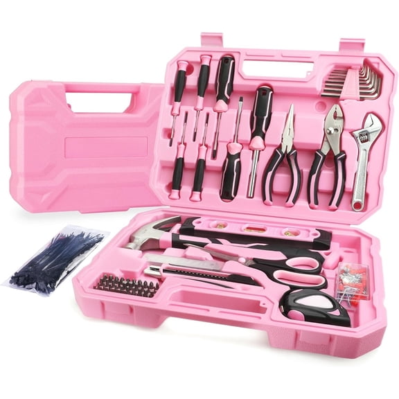 Pink Tool Set, 258 PCS Tool Kit for Women, Basic Household Case with Hammer, Screwdriver Set, Portable for Home Repair, New Apartment, House-Warming, DIY - Pink Ribbon