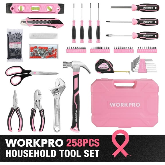 Pink Tool Set, 258 PCS Tool Kit for Women, Basic Household Case with Hammer, Screwdriver Set, Portable for Home Repair, New Apartment, House-Warming,  - Pink Ribbon