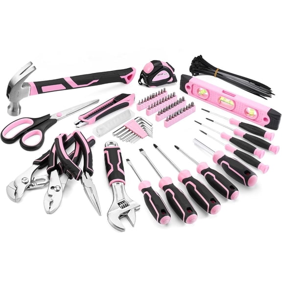 Pink Tool Set, Home Repairing Tool Kit, Tool Bag with Wide Mouth Open Storage Bag, Portable Home Tool Kit Including Hammer, Screwdriver, and Household Tools