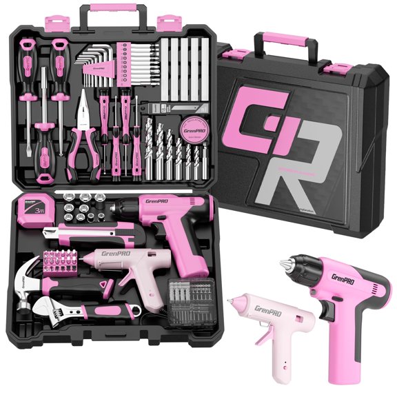 Pink Tool Set with Cordless Drill, Home Repair Tool Kit with Adhesive Applicator Tools and Hand Tools for DIY Projects