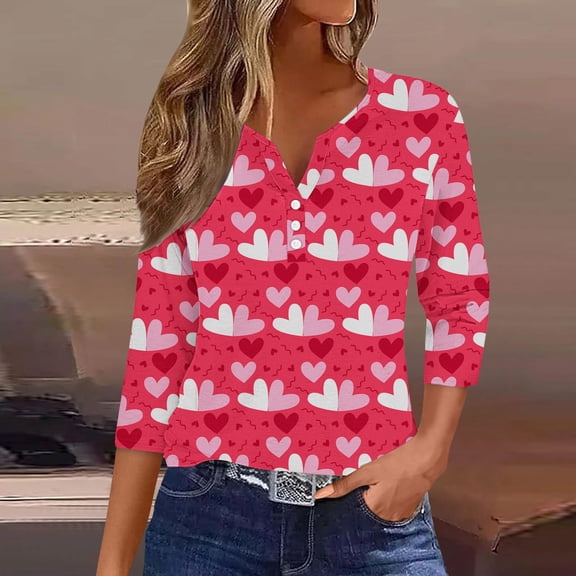 Pink Tops for Women Valentines 3/4 Sleeve Henley V Neck Henley Button Down Shirts Cute Heart Print Blouses Holiday Party Clothes Valentines Day T Shirt Gifts,Pullover 3/4 Length Sleeve Womens Tops