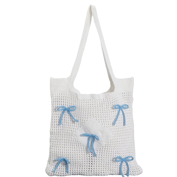 Pink Tote Bag Crochet Beach Bags Polyester Mesh Knitted Summer Hobo Vacation Boho Coquette Aesthetic Bowknot T for Crafting