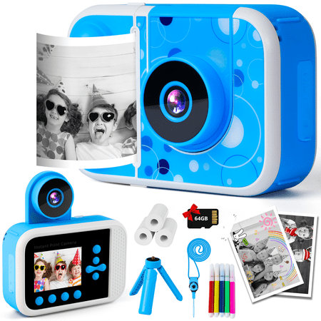 Kids Instant Print Camera – 1080P Dual Lens Portable Digital Camera That Prints Photos, Selfie & Fun Filters, Perfect Birthday Gift for Girls & Boys Ages 3–12, Pink Touch Brand – Blue