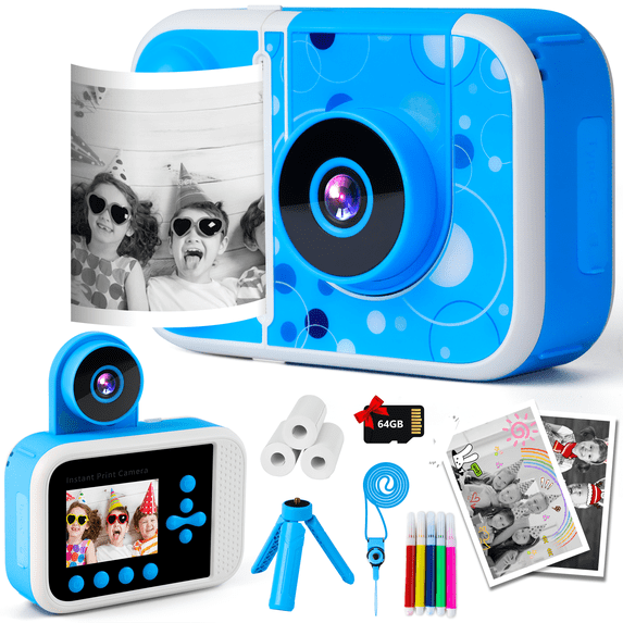 Kids Instant Print Camera – 1080P Dual Lens Portable Digital Camera That Prints Photos, Selfie & Fun Filters, Perfect Birthday Gift for Girls & Boys Ages 3–12, Pink Touch Brand – Blue