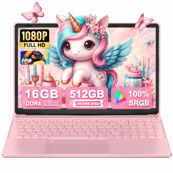 Fsjun 15.6" Pink Laptop,Win11 Pro,Intel 11th Gen N95(Up to 3.4GHz),16GB RAM 512GB NVMe,1920x1080 IPS Display, Backlit Keyboard,Fingerprint Sensor,5800mAh Battery,WiFi 5,Student & Business