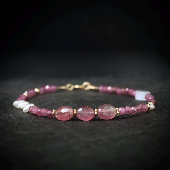 Pink Tourmaline 2.5mm Oval & Round Shape Smooth Cut Beads 7 inch Silver Plated Clasp Bracelet for men, women, unisex. Link Chain Stacking Bracelet.|LINK_05516