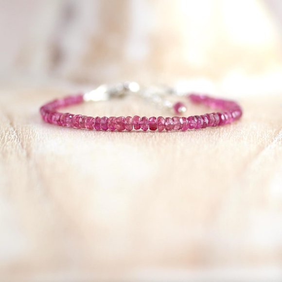 Pink Tourmaline 3mm Rondelle Shape Smooth Cut Beads 7 inch Adjustable Silver Plated Clasp Bracelet for men, women, unisex. Link Chain Stacking Bracelet.|LINK_05529