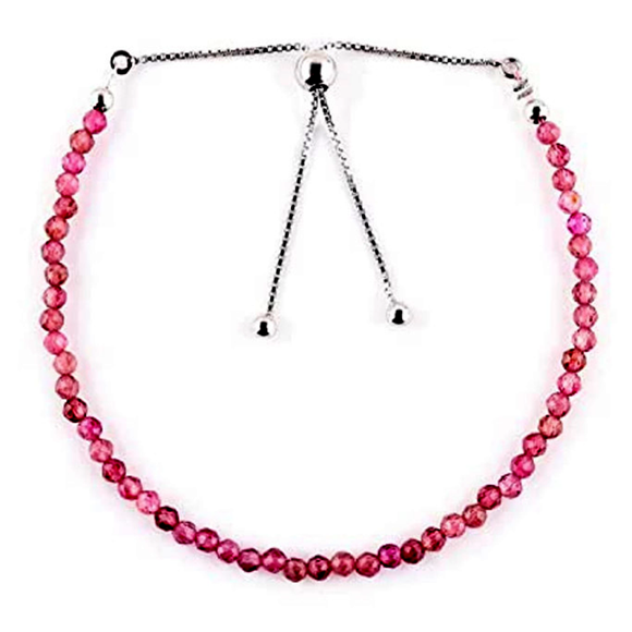 Pink Tourmaline 3mm Round Shape Faceted Cut Beads 7 inch Adjustable Silver Plated Clasp Bracelet for men, women, unisex. Link Chain Stacking Bracelet.|LINK_05564