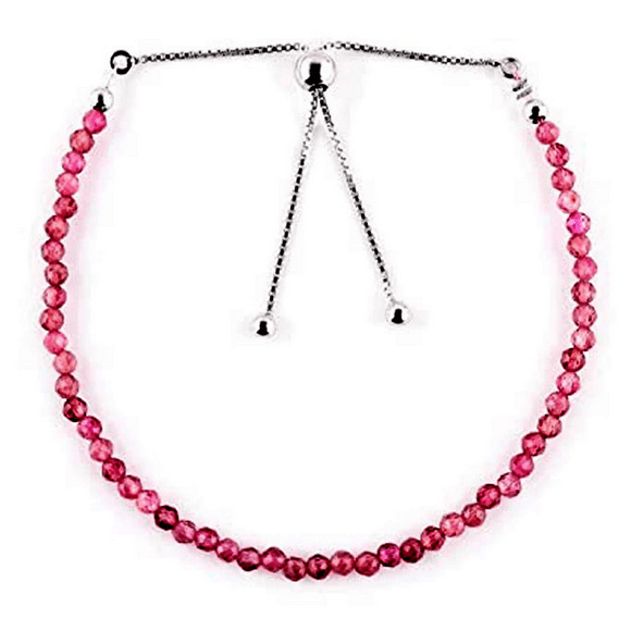 Pink Tourmaline 3mm Round Shape Faceted Cut Beads 7 inch Adjustable Silver Plated Clasp Bracelet for men, women, unisex. Link Chain Stacking Bracelet.|LINK_05564