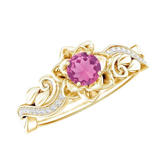 Rosec Jewels Pink Tourmaline Floral Ring with Diamond for Women - Nature Inspired Ring, 18K Yellow Gold, US 13.00
