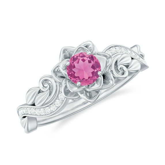 Rosec Jewels Pink Tourmaline Floral Ring with Diamond for Women - Nature Inspired Ring, 925 Sterling Silver, US 4.00