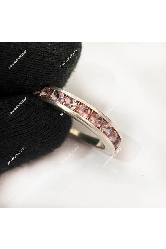 Pink Tourmaline Half Eternity Ring – 925 Sterling Silver Stackable Band with Vibrant Pink Gemstones Jewelry Gift for Her Sterling Silver 9