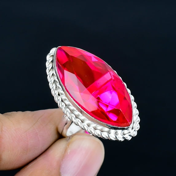 Pink Tourmaline Marquise Gemstone 925 Sterling Silver Adjustable Ring VJ 1279