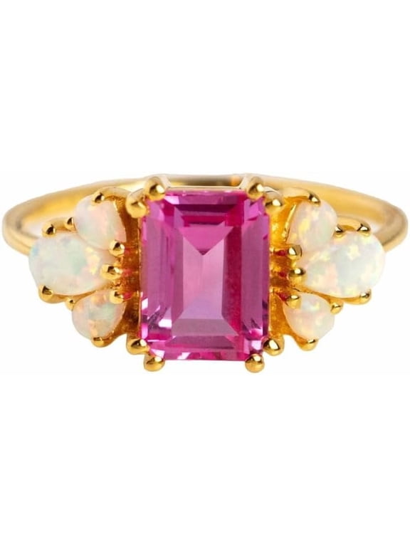 Pink Tourmaline & Opal Gemstone Ring, Natural Pink Tourmaline Cluster Ring, October Birthstone, Womens Ring, Gold Micron Ring, 925 Sterling Silver, Dainty Ring, Minimal Stackable Ring, Birthday Gift