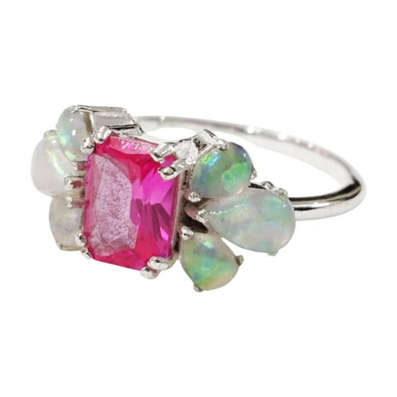 Pink Tourmaline & Opal Ring, 925 Silver Womens Ring, Natural Pink Tourmaline & Opal Ring, October Birthstone, Dainty Minimal Ring, Statement Jewelry, Wedding Ring, Christmas, Cluster Ring