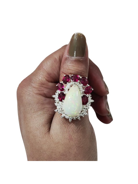 Pink Tourmaline & Opal Ring, Natural Pink Tourmaline & Opal Ring, October Birthstone, 925 Solid Silver, Womens Ring, Cluster Halo Ring, Minimal Ring, Statement Jewelry, Anniversary Gift, Wedding Ring