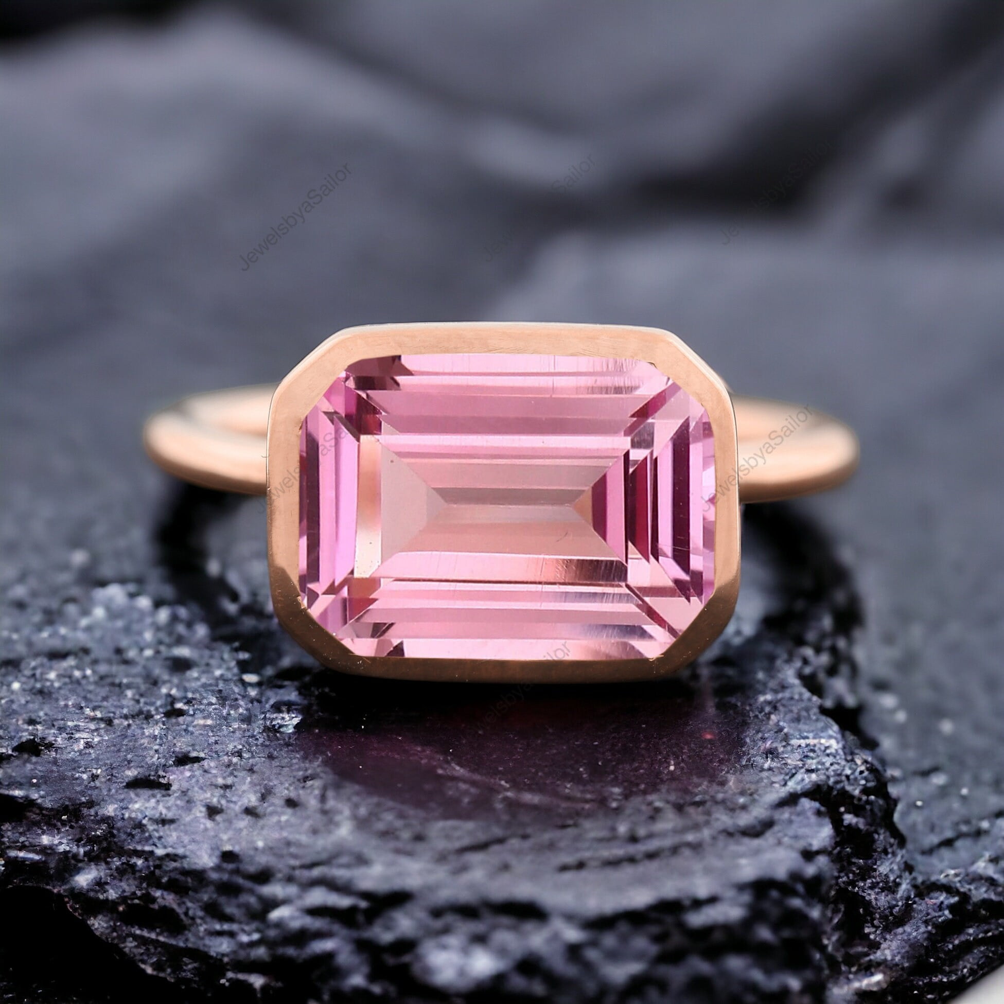 Pink Tourmaline Ring Vintage Style Birthstone Ring 14K Yellow Gold