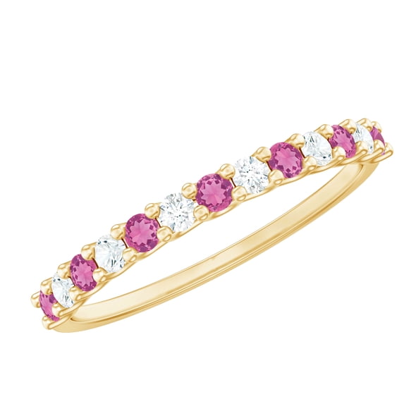Rosec Jewels Pink Tourmaline Diamond Half Eternity Ring for Women - AAA Quality - Stackable Ring - Gift for Special Occasions, 14K Yellow Gold, US 8.00