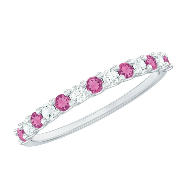 Rosec Jewels Pink Tourmaline Semi Eternity Stackable Ring with Moissanite - Stacking Ring, 18K White Gold, US 9.00