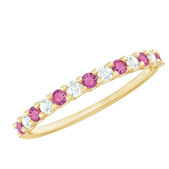 Rosec Jewels Pink Tourmaline Semi Eternity Stackable Ring with Moissanite - Stacking Ring, 18K Yellow Gold, US 4.50
