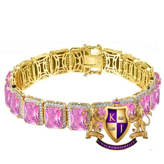 Pink Tourmaline Solitaire Real Yellow Gold Over Real Genuine Sterling Silver Bracelet