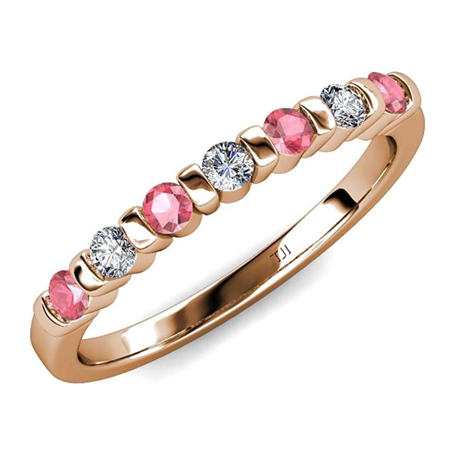 Pink Tourmaline and Diamond 7 Stone Wedding Band 0.22 ct tw in 14K Rose Gold.size 3.5