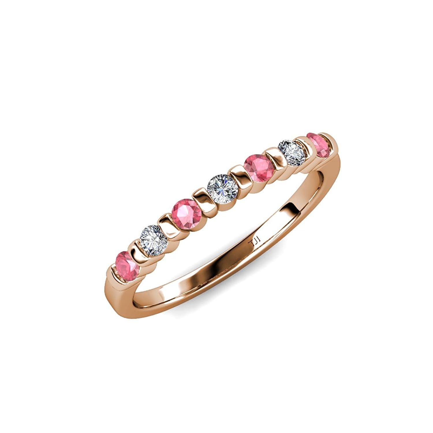 Pink Tourmaline and Diamond 7 Stone Wedding Band 0.22 ct tw in 14K Rose Gold.size 5.5