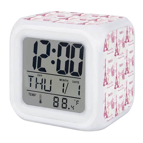 Pink Towers Digital Alarm Clock for Bedrooms, Smart LED Alarm Clock with 7 Color Changing Night Light, Modern Romantic Chic Parisian Vintage Silent Wake Up Clocks for Sleep Study Cooking 3.2"x3.2"