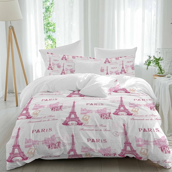 Pink Towers Duvet Cover Set King Size, Romantic Pink Paris Tower 4 Piece Soft Microfiber Bedding Set with Zipper Closure, 1 Comforter Cover, 1 Flat Sheet, 2 Pillowcases