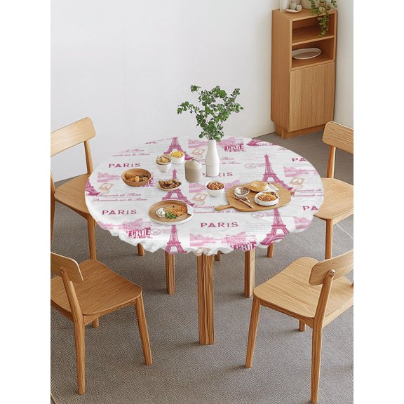 Pink Towers Round Fitted Tablecloth with Elastic Edge, Romantic Pink Paris Tower Waterproof Stretch Table Covers for 55"-60" Tables Wipeable Table Cloth for Outdoor