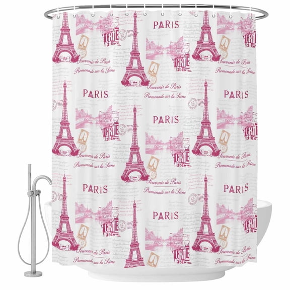 Pink Towers Shower Curtain for Bathroom, Romantic Pink Paris Tower Waterproof Cloth Fabric Bathroom Accessories Set with 9 Rust Proof Plastic Hooks, 36"x72"