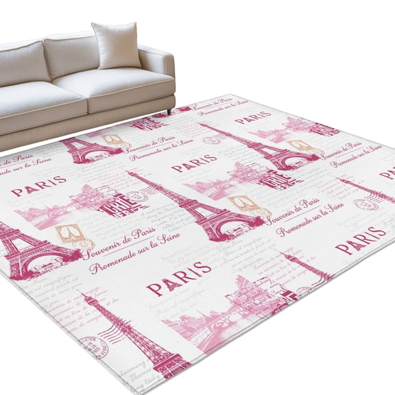 Pink Towers Washable Rug 5x7 Area Rug for Living Room Bedroom Non Slip Indoor Floor Rectangle Carpet Low Pile Large Modern Romantic Chic Parisian Vintage Entryway Rugs for Dining Room Office Home