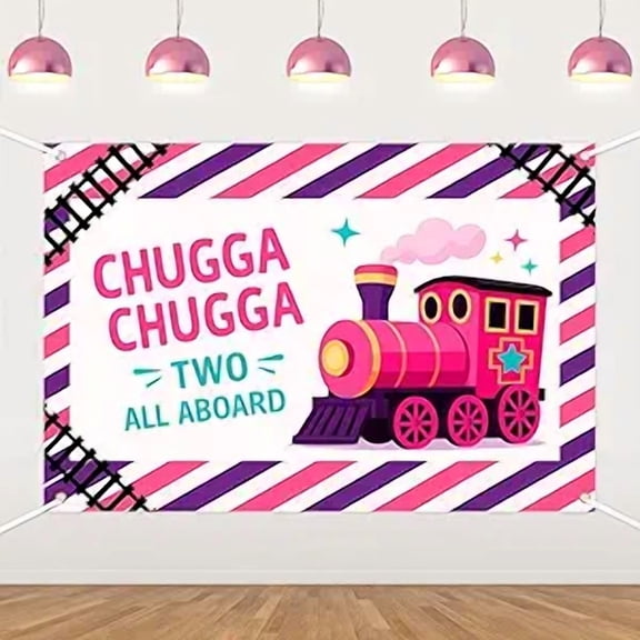 Pink Train 2nd Birthday Backdrop Banner  Chugga Chugga All Aboard Girl Train Theme Party Decor, Vinyl Photography Background for Toddler Second Birthday Decoration Supplies