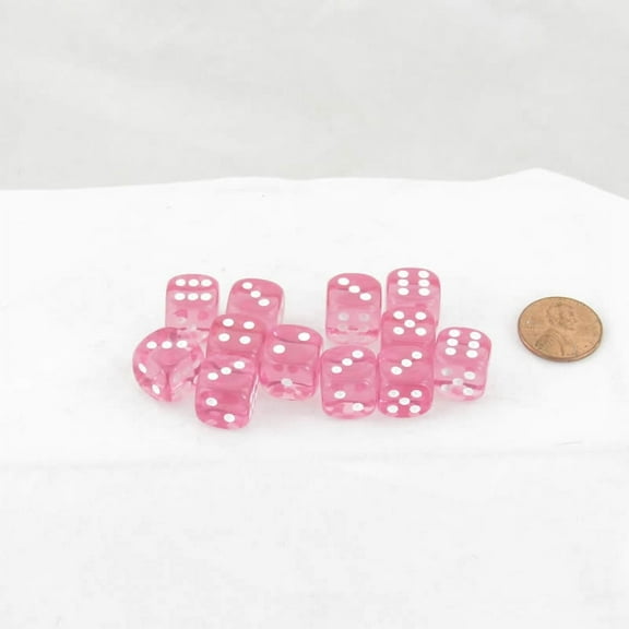 Pink Translucent Dice with White Pips D6 12mm (1/2in) Pack of 12 Wondertrail