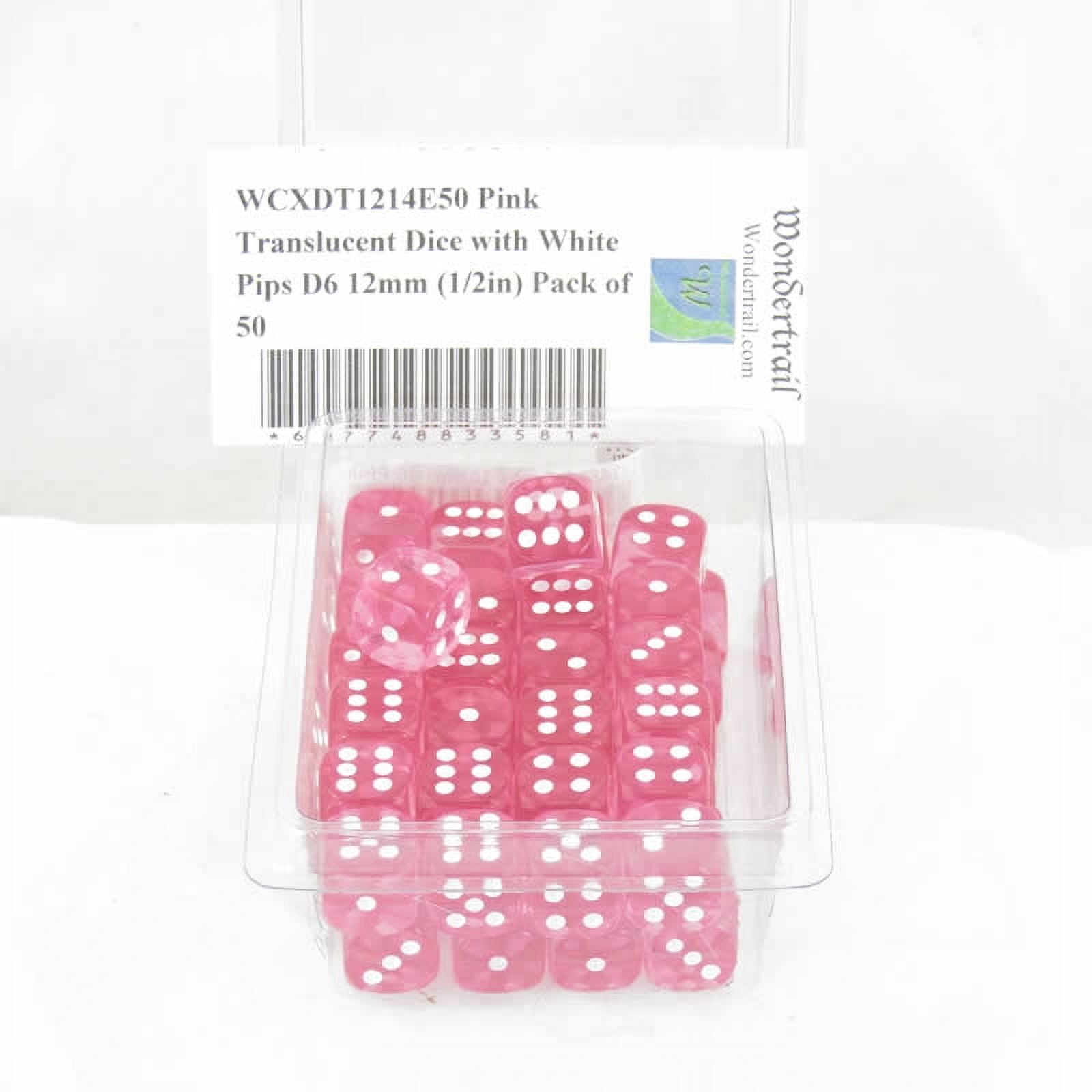 Pink Translucent Dice with White Pips D6 12mm (1/2in) Pack of 50 Wondertrail