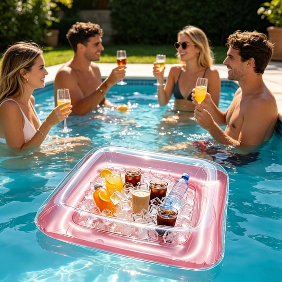 Pink Transparent Square Inflatable Floating Pool Bar Tray, 25.59 in PVC Water Beverage Cooler Fruit Cup Holder for Summer Party with Mat