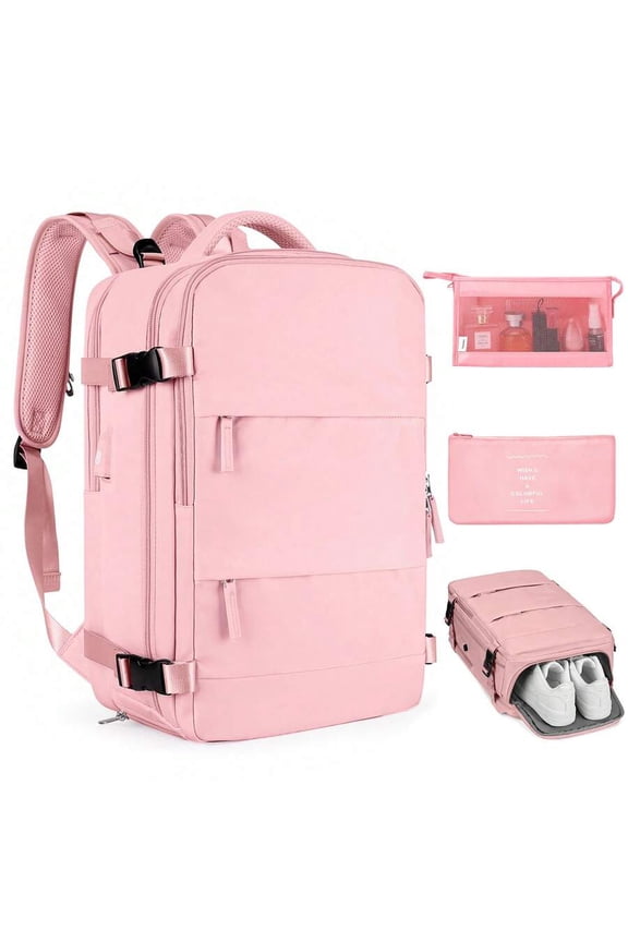 Pink Travel Backpack With Shoe Compartment And Organizer Pockets