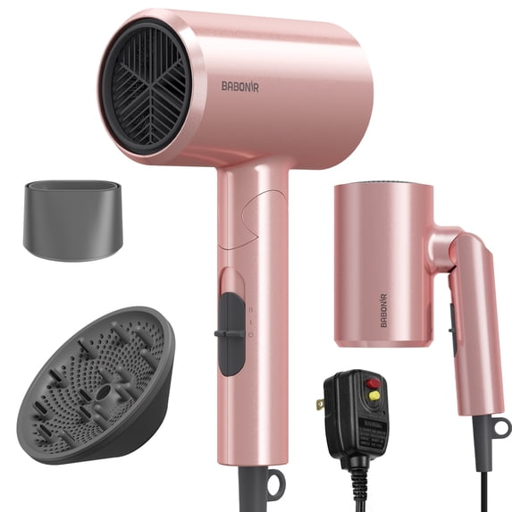 Pink Travel Hair Dryer 1875W, Collapsible Compact Ionic Dryer with Diffuser & Nozzle, 3 Heat & 2 Speed Settings for Fast Drying