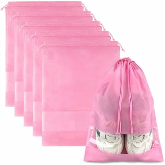 Haimei Pink Travel Shoe Bags, 5 Pack Non-Woven Drawstring Packing Bags with Clear Window (15.7" x 11.8")