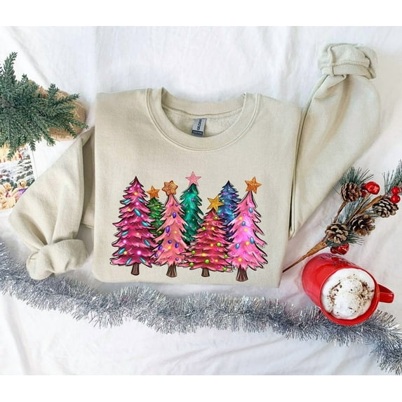 Pink Tree Christmas Sweater, Christmas Sweater, Christmas Crewneck, Christmas Tree Sweatshirt, Holiday Sweaters for Women, Winter Sweatshirt