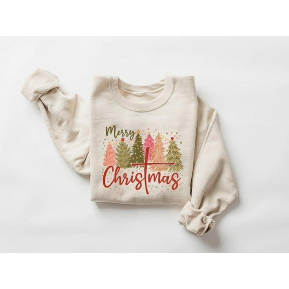 Pink Tree Christmas Sweatshirt, Merry Christmas Sweater, Merry Christmas Pink Tree Sweatshirt, Womens Holiday Shirt, Cute Christmas Sweater