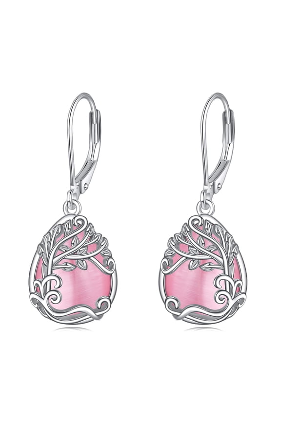 Pink Tree of Life Earrings for Women Sterling Silver Pink Opal Leverback Earrings Tree of Life Dangle Drop Earrings Jewelry Gifts(CC-Tree of Life Pink Opal)
