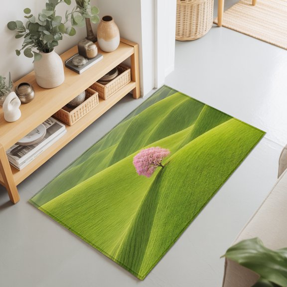 Pink Tree Rolling Hills 2'x3' Rug for Entryway Front Door Kitchen Sink Area, Nature Grass Landscape Low Pile Washable Non Slip Rectangle Area Rug
