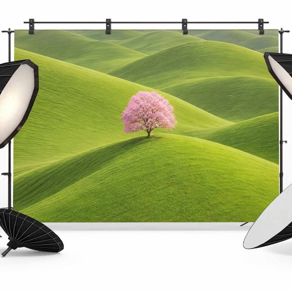 Pink Tree Rolling Hills Backdrops for Photography, Nature Grass Landscape Fabric Photo Background Sturdy Studio Props for Photo Studio, Video Recording, Booth & Photoshoot 10x8ft