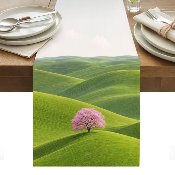 Pink Tree Rolling Hills Cotton Linen Table Runner Nature Grass Landscape Dining Table Runners for Home Decor Party Dining Room Restaurant Kitchen Party 13" x 120"
