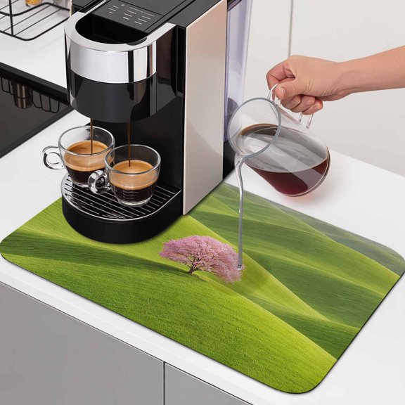 Pink Tree Rolling Hills Dish Drying Mats for Kitchen Counter, Nature Grass Landscape Absorbent Coffee Bar Mat with Non-slip Rubber Backed Quick Drying Dish Rack Pad 12"x16"