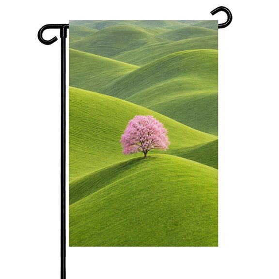 Pink Tree Rolling Hills Garden Flag 12x18 Inch Nature Grass Landscape Double Sided Small Decorative Garden Flags for Outside, Outdoor Yard Porch Lawn Decoration