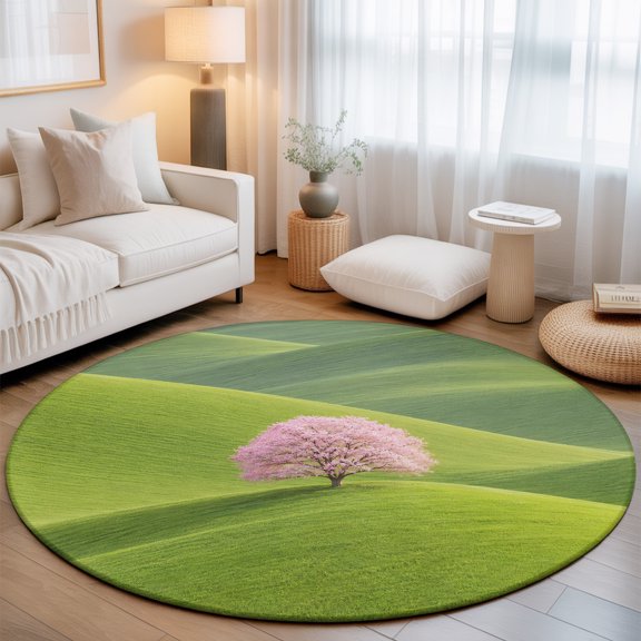 Pink Tree Rolling Hills Small Round Rug 3Ft Nature Grass Landscape Area Rugs Washable Non Slip Indoor Floor Mats Circle Carpet for Living Room Bedroom Dining Room Home Decor