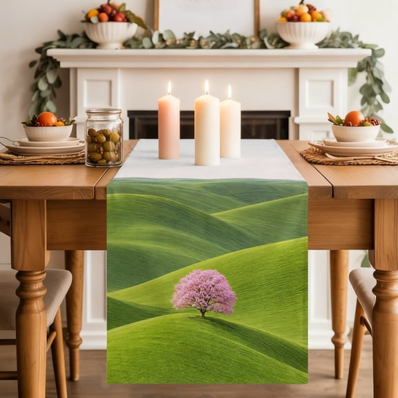 Pink Tree Rolling Hills Table Runner, Nature Grass Landscape Washable Cotton-linen Table Runners Dining Kitchen Decoration for Everyday Home Wedding Party Decor, 13 x 60 Inch