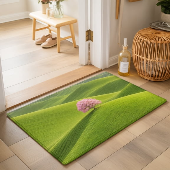 Pink Tree Rolling Hills Washable Small Entryway Area Rugs 2'x3', Nature Grass Landscape Washable Throw Rug Non-Slip Sturdy Edge Binding Carpet for Front Door Floor Room Entry